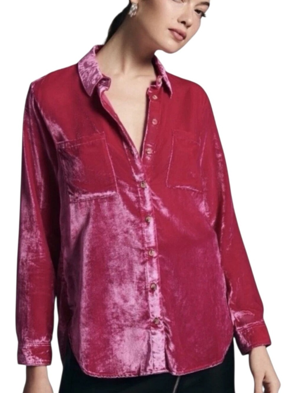Pilcro Anthropologie Hadley Velvet Relaxed Buttondown Shirt Size XS in Pink